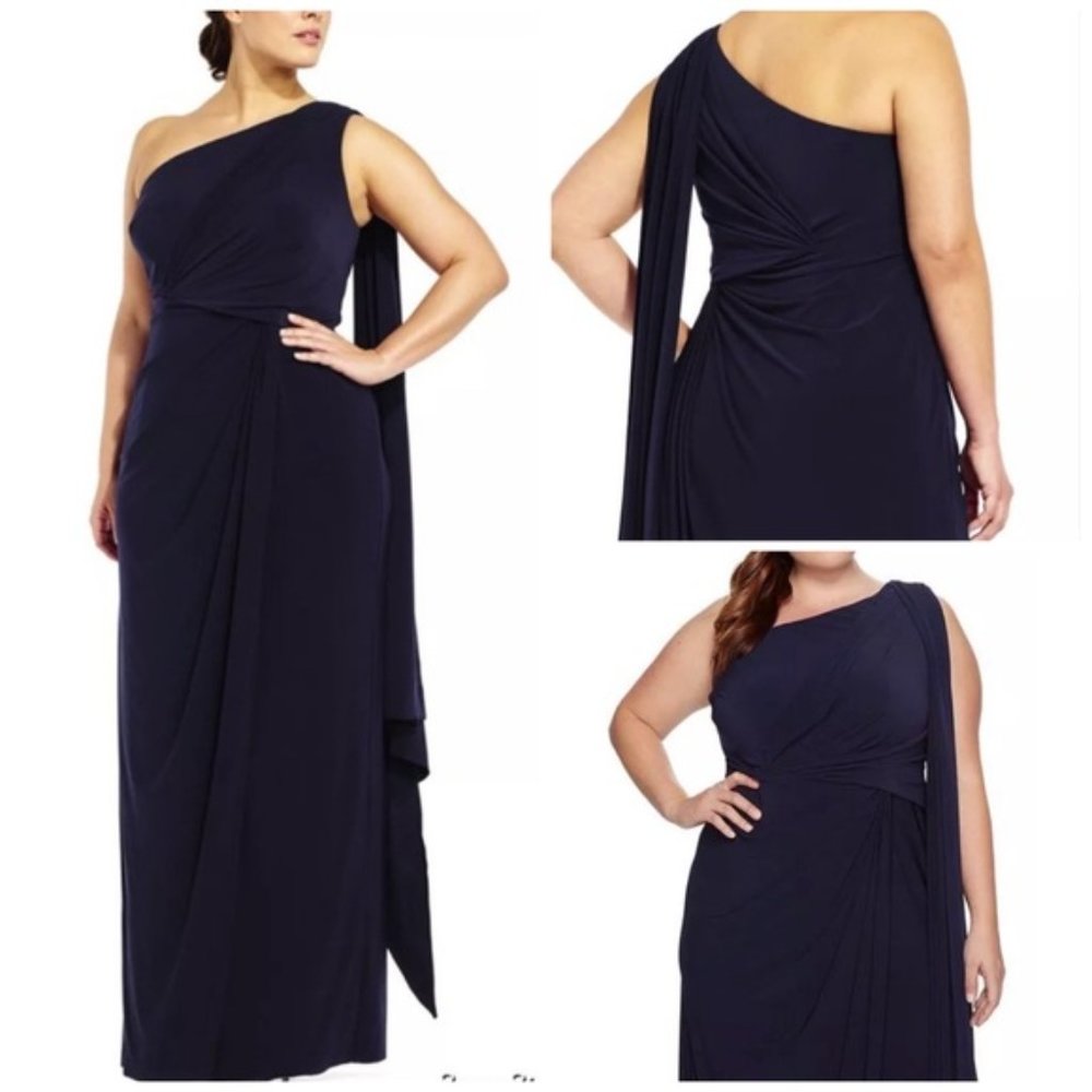 Adrianna Papell Navy Blue Draped One Shoul…